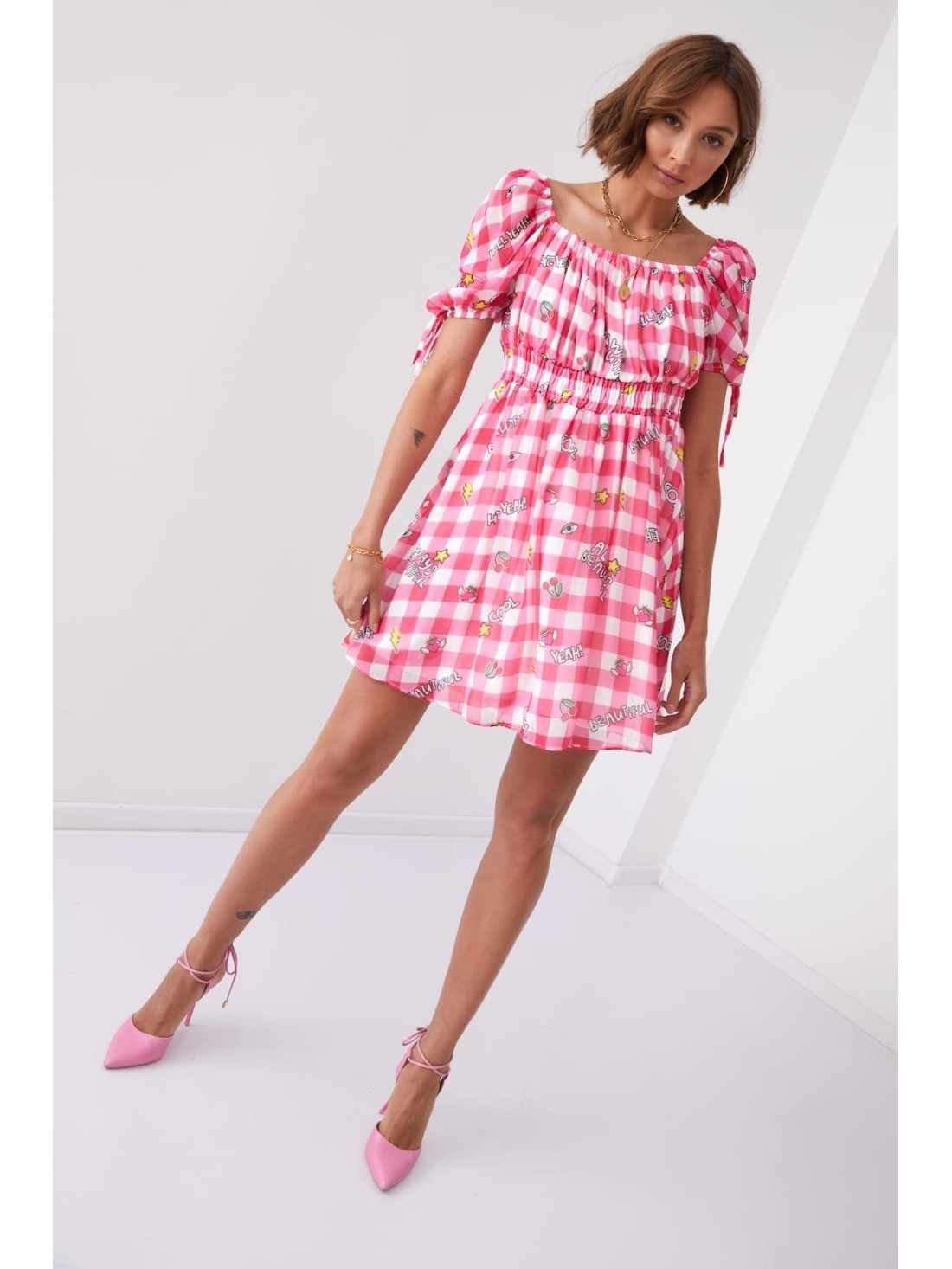 Lovely checkered dress with patterns, pink 30380 - Online store - Boutique